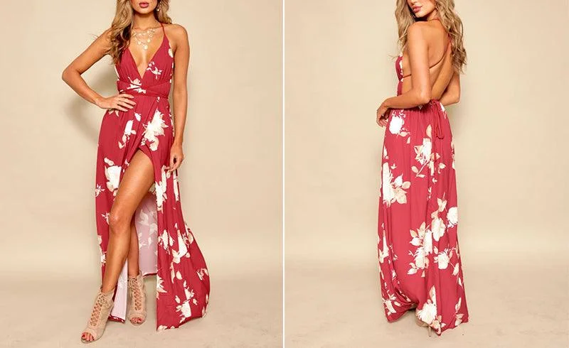 Discount Mania RED FLORAL MAXI WRAP DRESS