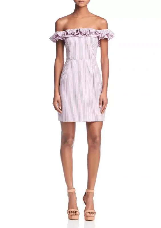 Price Rollback S - wayf pink striped off the shoulder dress