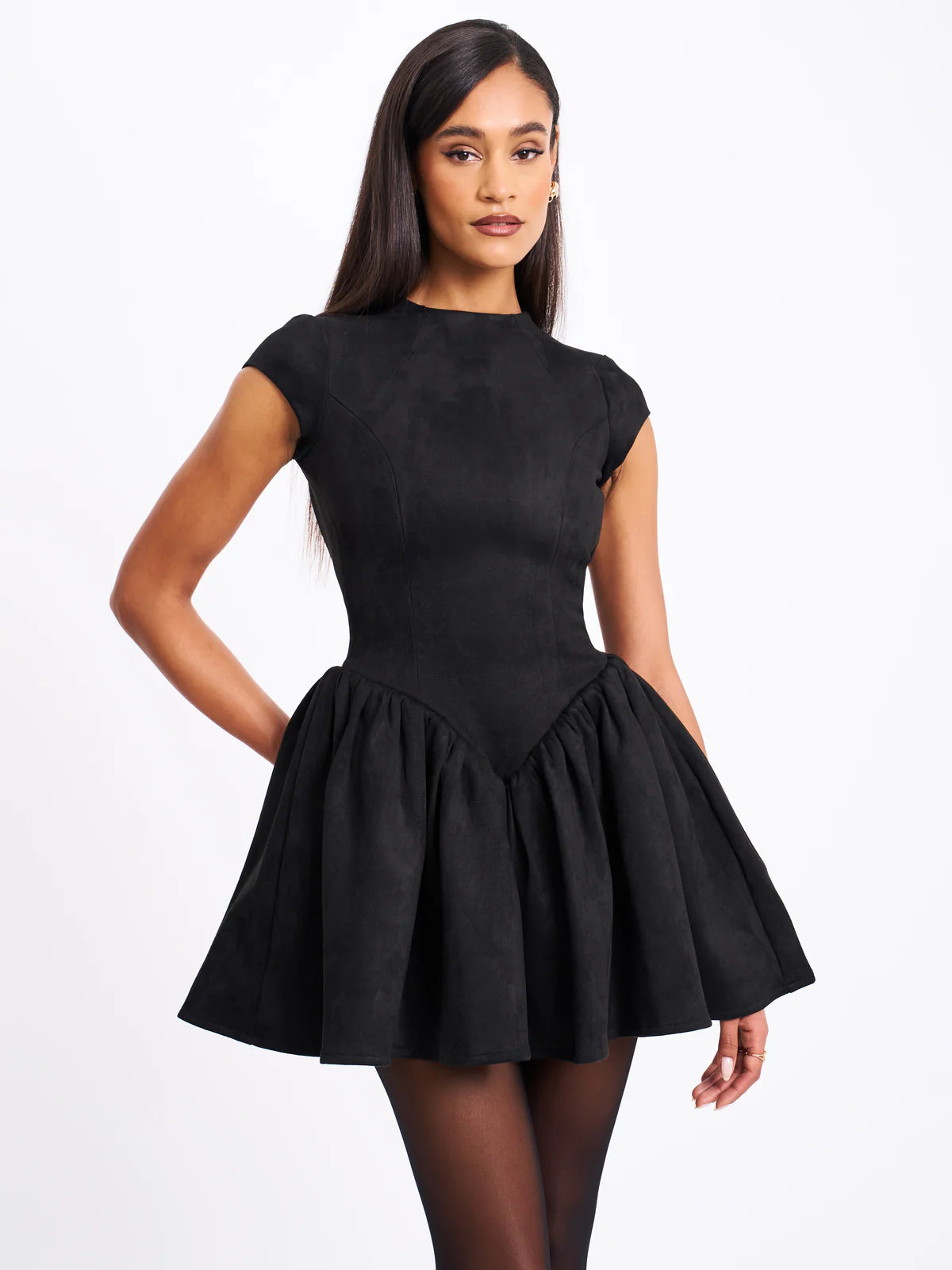 Major Savings JACQUELINE BACKLESS BLACK PUFFY SUEDE MINI DRESS