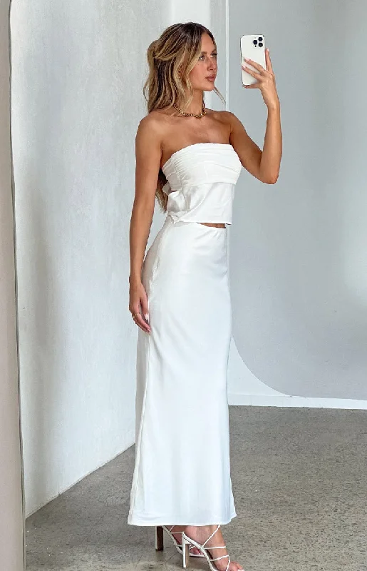 Early Bird Discount Genevieve White Satin Maxi Skirt
