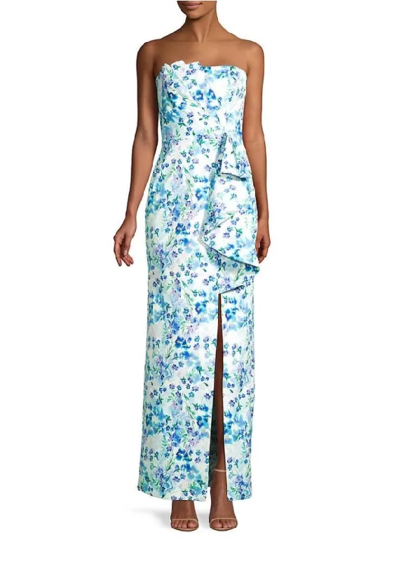 New Markdowns 4 - parker blue floral strapless draped gown