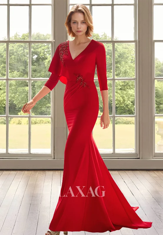 Get It Before It’s Gone V-Neck Half-Sleeves Pleated Beaded Satin Mermaid Mother of the Bride Dress with Sweep Train Get It Before It’s Gone V-Neck Half-Sleeves Pleated Beaded Satin Mermaid Mother of the Bride Dress with Sweep Train