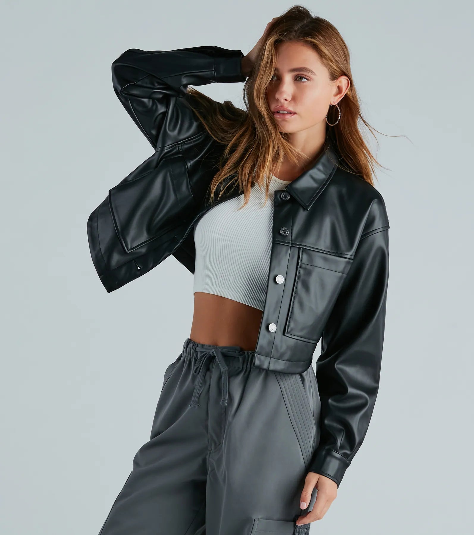 Super Deal New Rule Faux Leather Crop Shacket