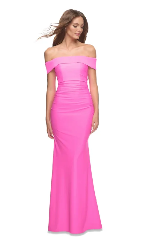 Discount Extravaganza la femme hot pink off the shoulder stretch satin gown