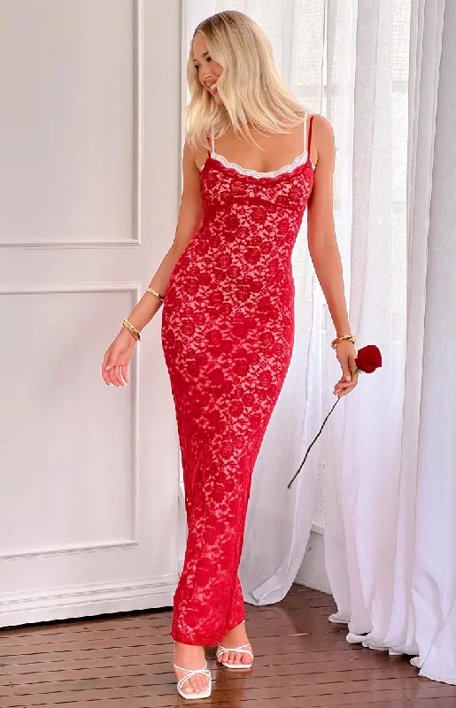 Instant Discount Kata Red Lace Maxi Dress