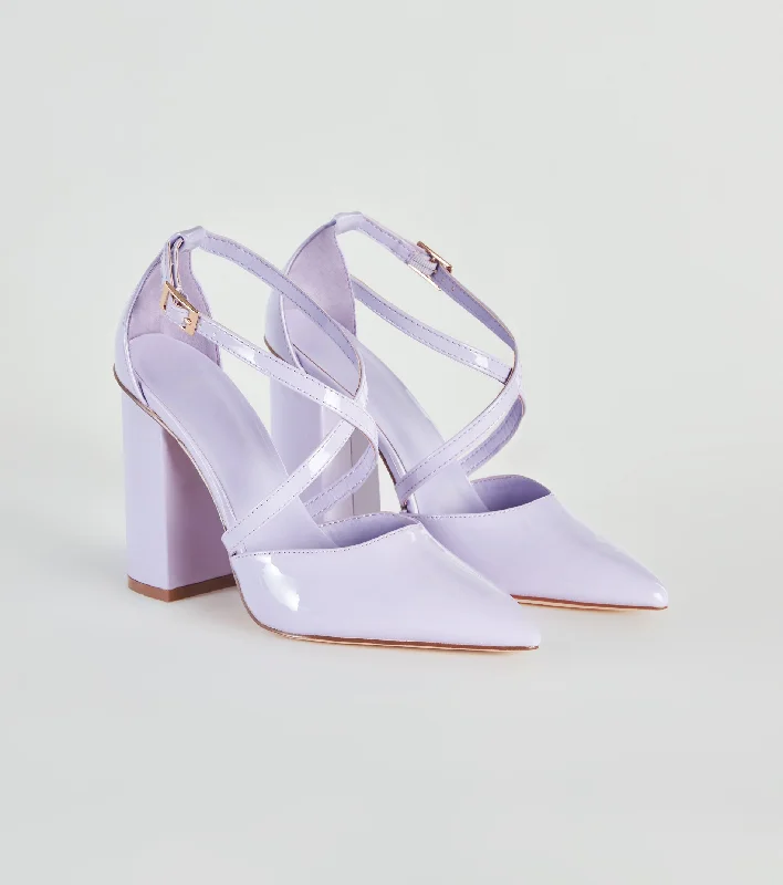 Steals and Deals Cross My Path Patent Block Heel Pumps