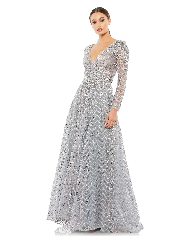 Midnight Madness Mac Duggal 20189 LONG SLEEVE CHEVRON EMBROIDERED GOWN