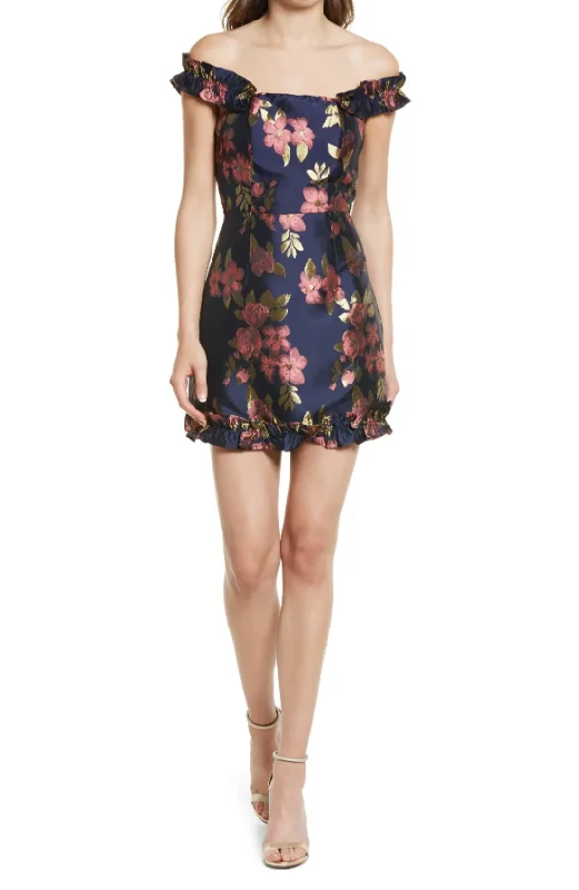 Mega Deal M - lulus navy off the shoulder ruffled floral party dress