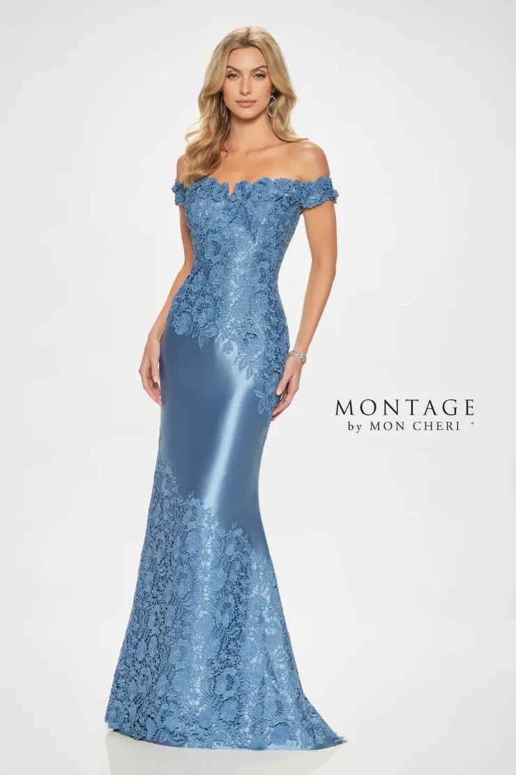 Midnight Sale Montage M846 Off-the-Shoulder Mikado Gown w/ Lace Applique