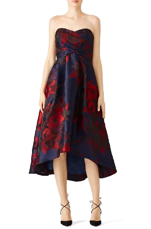 Early Access 0 - shoshanna navy & red strapless floral jacquard high low dress