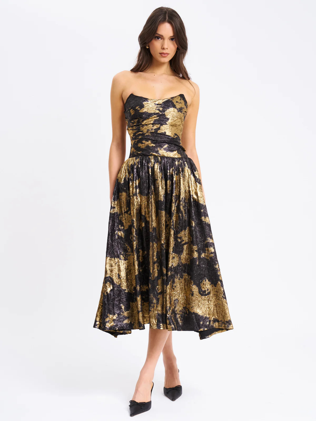 Hurry In SAANVI GOLD TIE DYE BRONZING STRAPLESS DROP WAIST MIDI GOWN