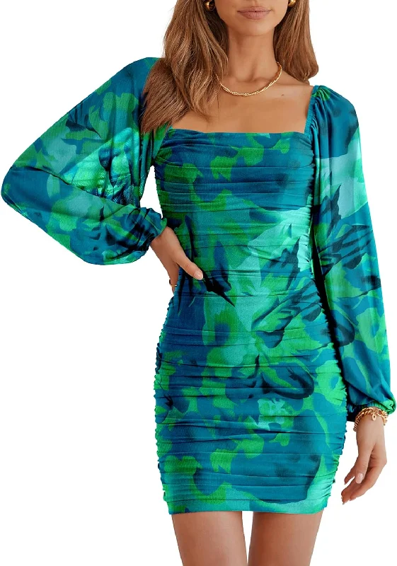 Quick Sale S - ssb green abstract lantern sleeve ruched bodycon dress