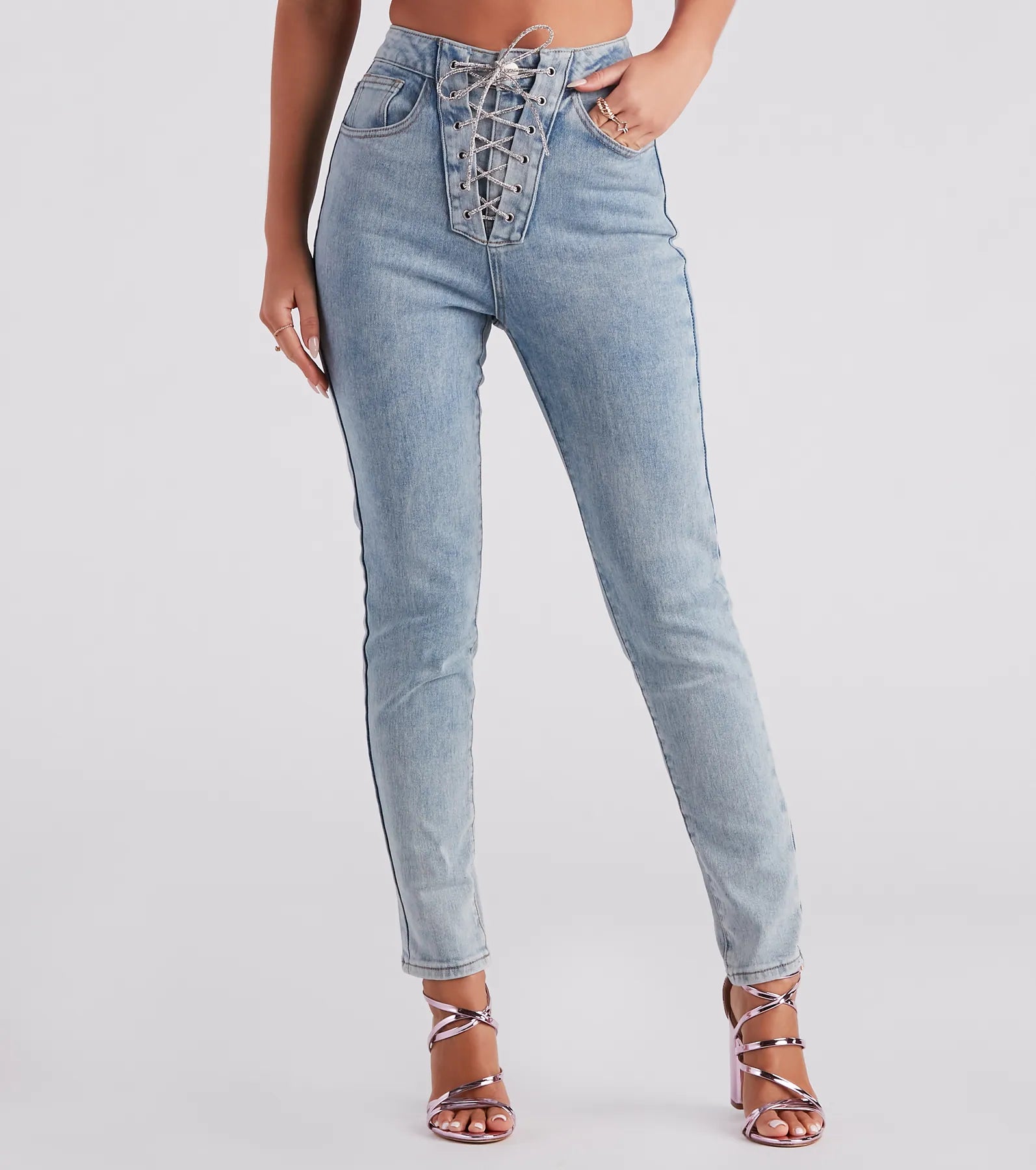 Inventory Reduction Glam Trendsetter Rhinestone Lace-up Skinny Jeans