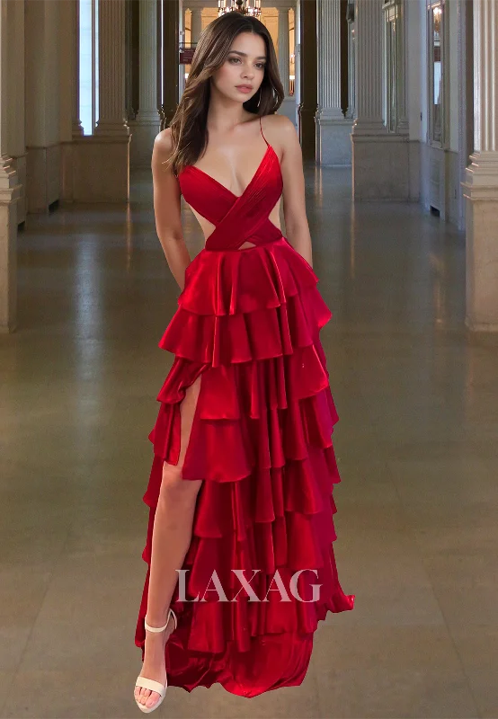 Online Specials Spaghetti Straps V-Neck Off-Shoulder Sleeveless Formal Gowns Pleated Tiered A-Line Prom Dress