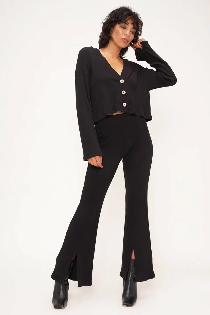 Super Bargain Dylan Front Slit Ribbed Pant I Black