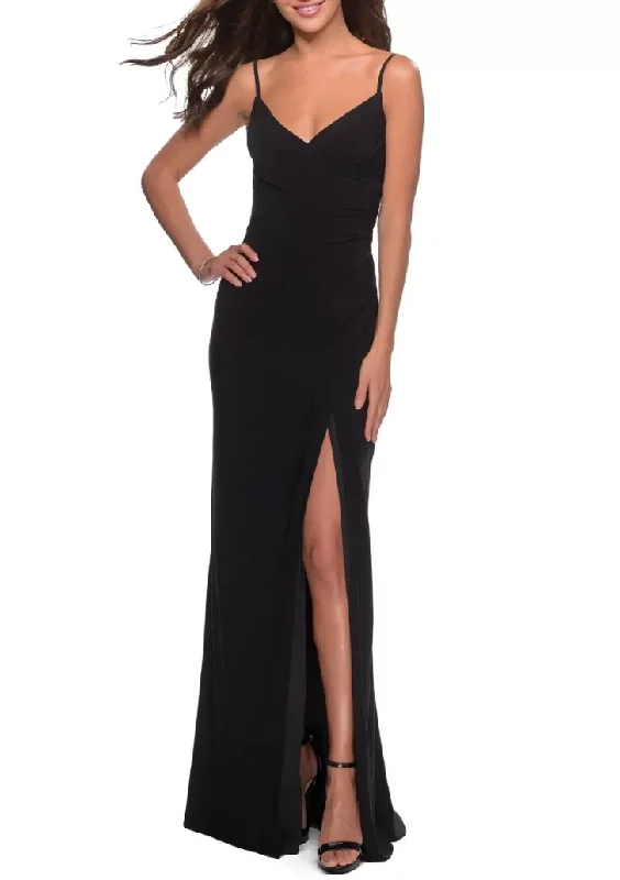 Year-End Clearance 8 - la femme black ruched gown with back cutout
