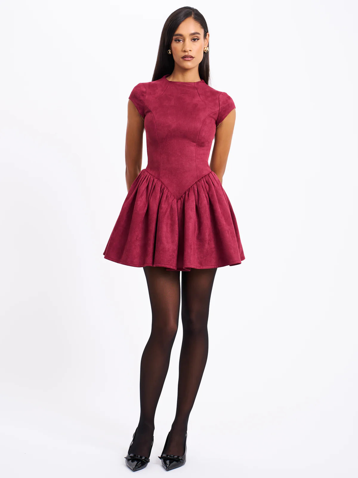 Low Prices JACQUELINE BACKLESS BURGUNDY PUFFY SUEDE MINI DRESS