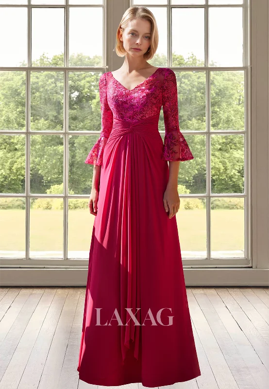 Special Buy V-Neck Half-Sleeves A-Line Mother of the Bride Dress Lace Applique Pleated Floor-Length Cocktail Gowns