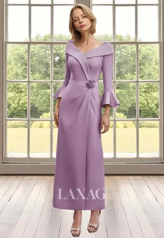 Price Smash Bell-Long-Sleeves V-Neck Cocktail Gowns Satin Pleated Midi Mermaid Mother of the Bride Dress Price Smash Bell-Long-Sleeves V-Neck Cocktail Gowns Satin Pleated Midi Mermaid Mother of the Bride Dress