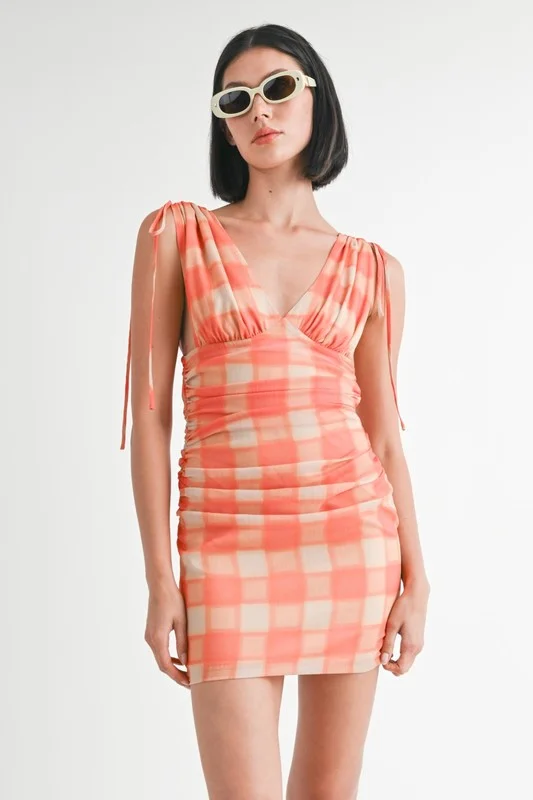 Stock Clearance SHIRRED MINI DRESS WITH SHOULDER TIE