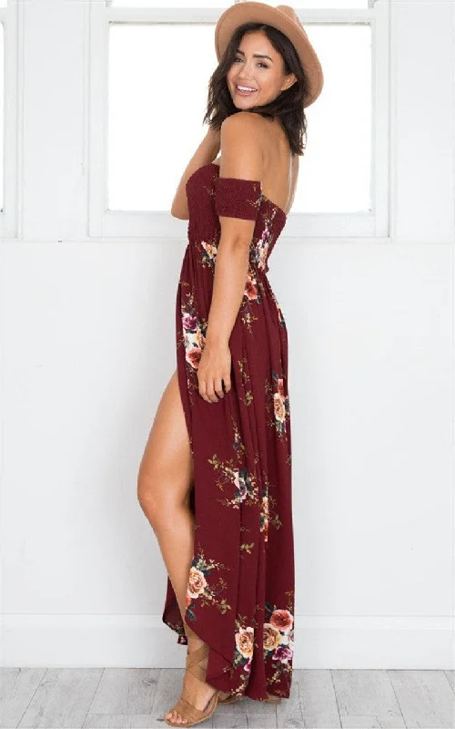Special Discount OFF-THE-SHOULDER FLORAL HIGH SLIT MAXI DRESS