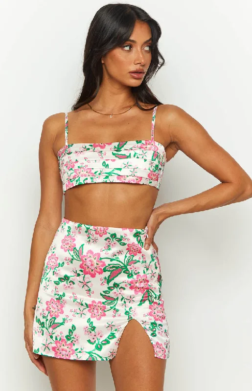 Price Drop Miranda White Floral Satin Mini Skirt