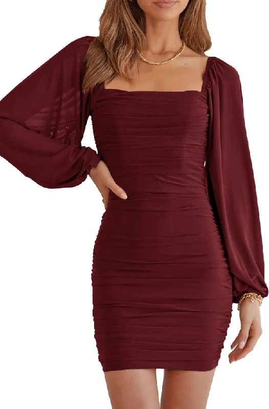 Weekend Special XL -  ssb burgundy long sleeve square neck ruched dress