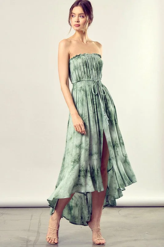 New Markdowns DRAWSTRING WAIST TIE DYE TUBE MAXI DRESS