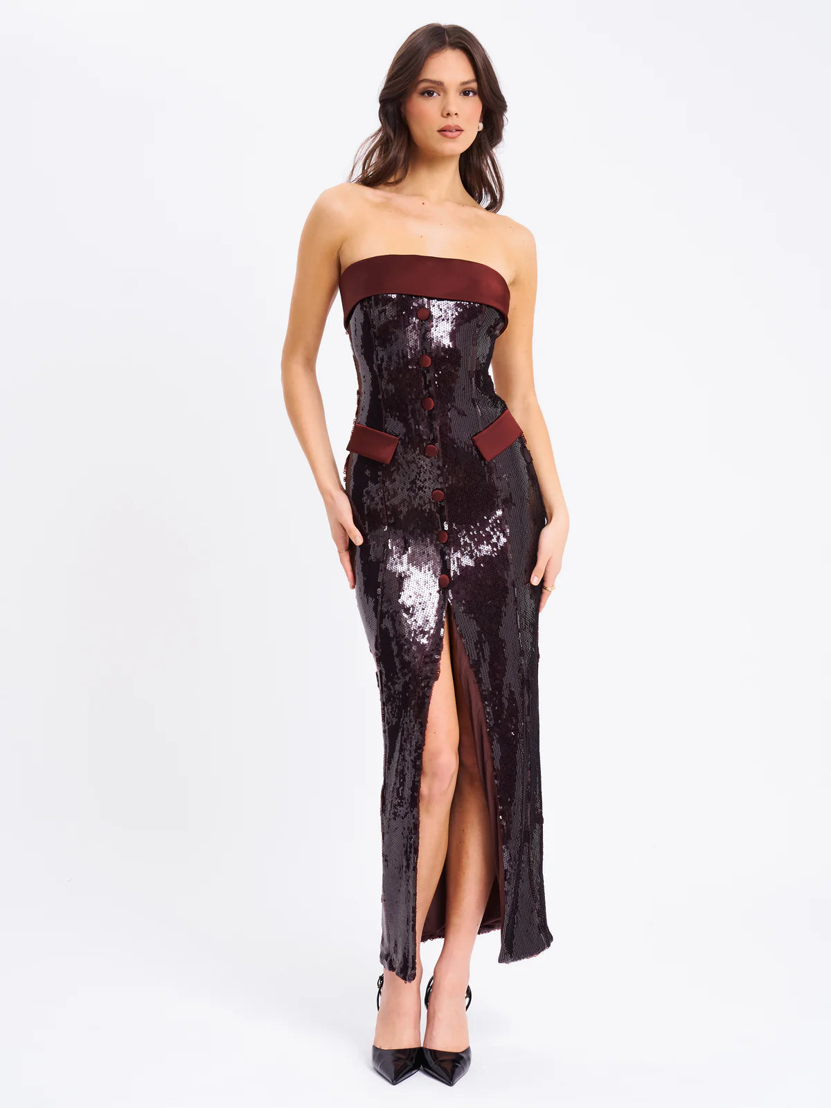 Limited Quantity QADIRA BURGUNDY BROWN SEQUIN MAXI DRESS