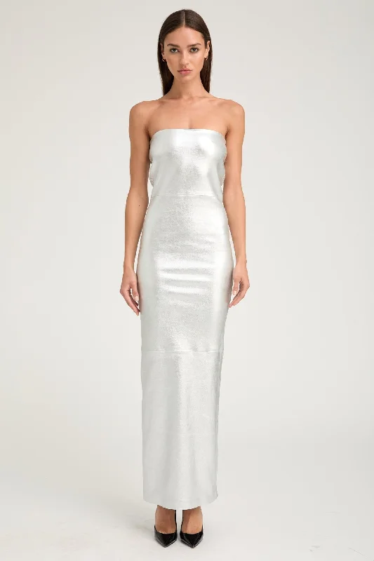 Exclusive Access Metallic Silver Leather Gown