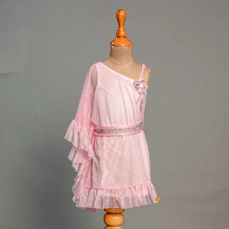 Price Smash Pink One Shoulder Frilled Girls Midi
