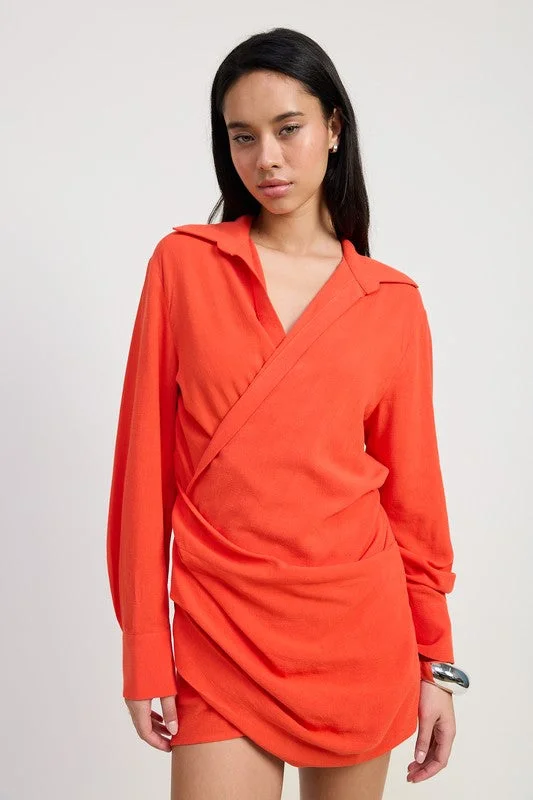 Clearance Items MNI LONG SLEEVE COLLARED WRAP DRESS
