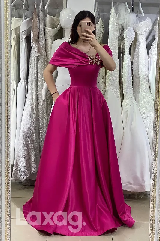 Deep Discounts 18739 - Unique Off Shoulder Satin Long Formal Evening Dress with Pockets