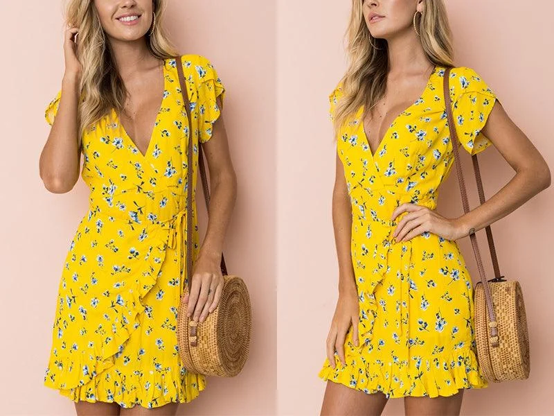 Mega Sale YELLOW FLORAL MINI ITS A WRAP DRESS