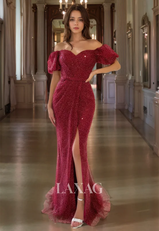Sale Event 18730 - Off Shoulder Short Sleeves Split Long Formal Evening Dress Glitter