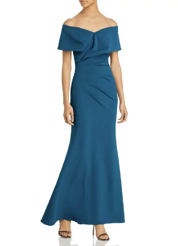 Price Break 2 - aqua formal teal off the shoulder asymmetrical ruched gown