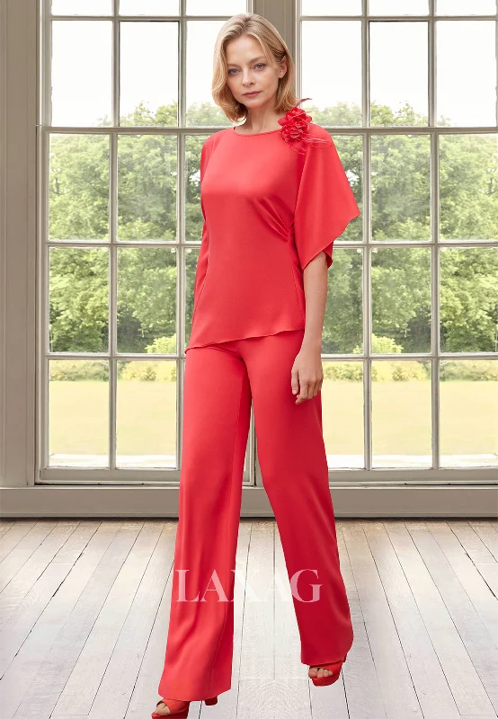 Year-End Sale Half-Sleeves Scoop-Neck Mother of the Bride Dress Floral Embossed Pleated Chiffon Cocktail Gowns with Trousers Year-End Sale Half-Sleeves Scoop-Neck Mother of the Bride Dress Floral Embossed Pleated Chiffon Cocktail Gowns with Trousers