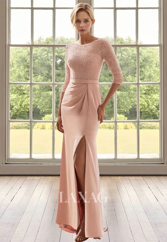 Referral Discount Scoop-Neck Half-Sleeves Cocktail Gowns Beaded Applique Pleated Mother of the Bride Dress with Slit Referral Discount Scoop-Neck Half-Sleeves Cocktail Gowns Beaded Applique Pleated Mother of the Bride Dress with Slit