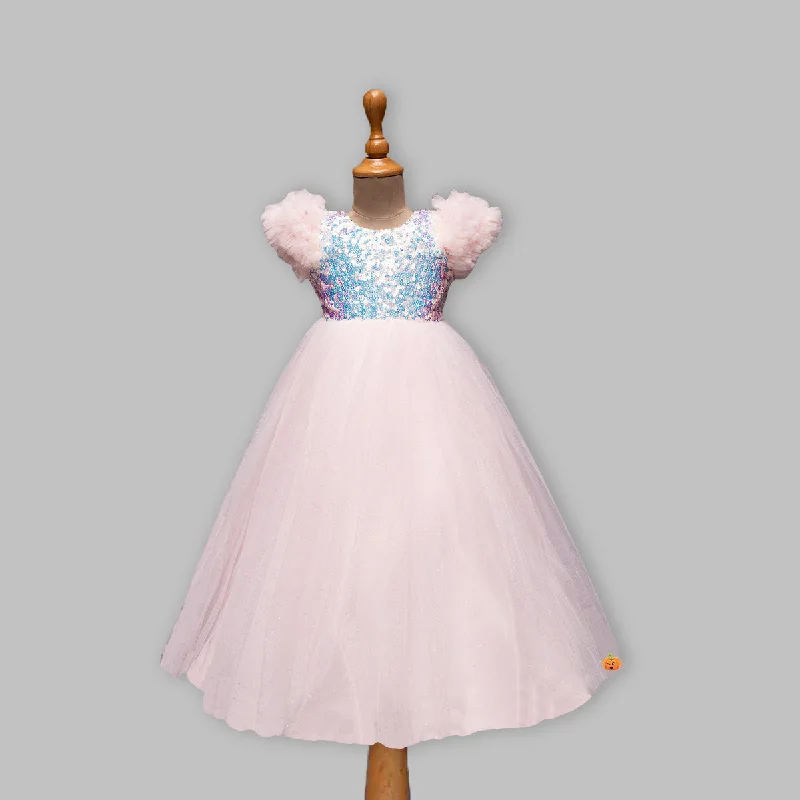 Limited Availability Pink Frill Sleeves Sequin Girls Gown