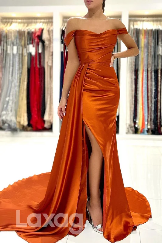 Price Buster 18722 - Off Shoulder Satin Pleats High Split Mermaid Formal Evening Dress Price Buster 18722 - Off Shoulder Satin Pleats High Split Mermaid Formal Evening Dress