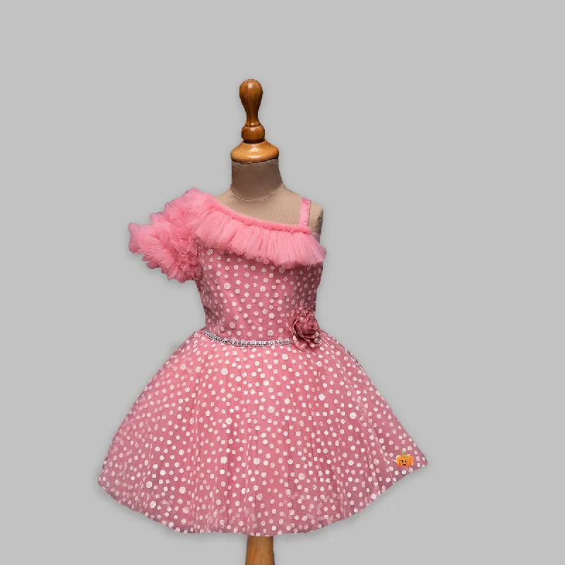 Loyalty Reward Pink & Green One Shoulder Party Wear Girls Frock
