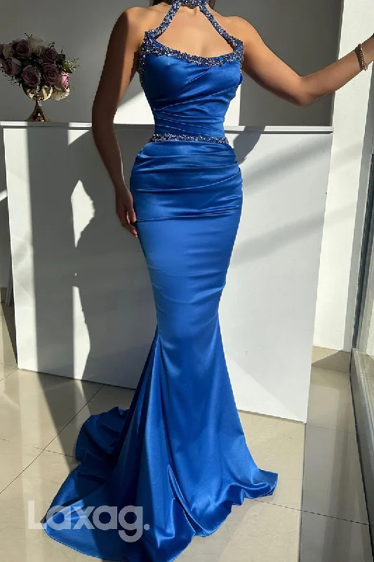 Don't Miss 18736 - Chic Halter Beads Satin Ruched Mermaid Semi Formal Prom Dress