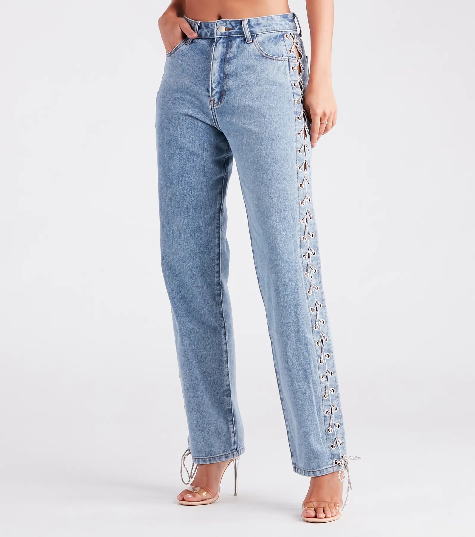 Super Savings Glam Icon Rhinestone Lace-Up Jeans