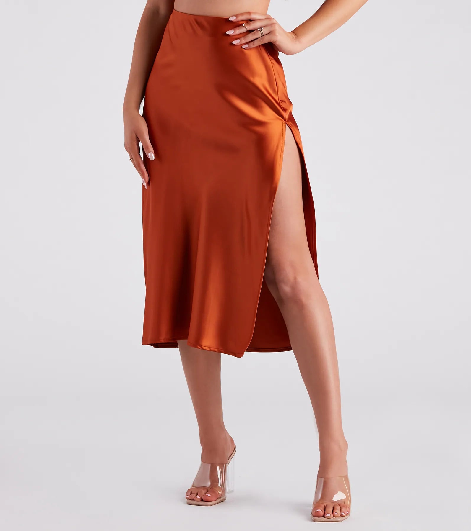 Major Savings Lavish Life Satin Slit Midi Skirt