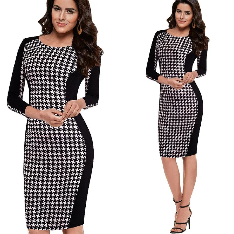 Major Savings HOUNDSTOOTH LONG SLEEVE SHEATH DRESS