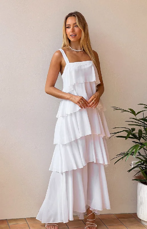 Crazy Deals Brielle White Layered Frill Maxi Dress