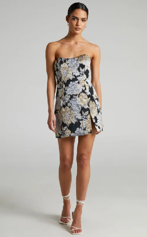 Last Chance 4 - showpo brailey black, silver & gold jacquard mini dress