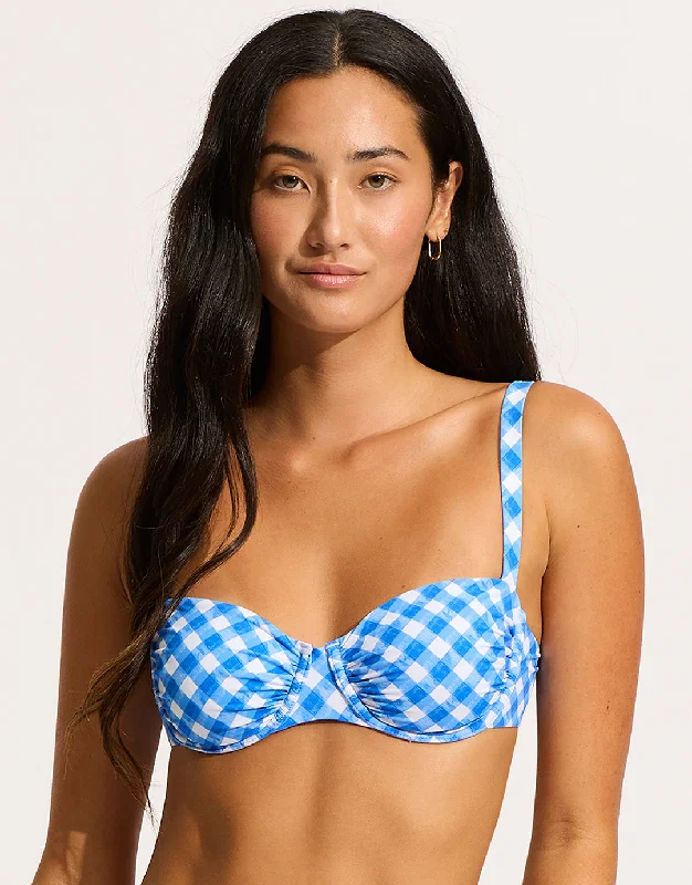 Ciao Bella Check Ruched Underwired Bikini Top - Azure