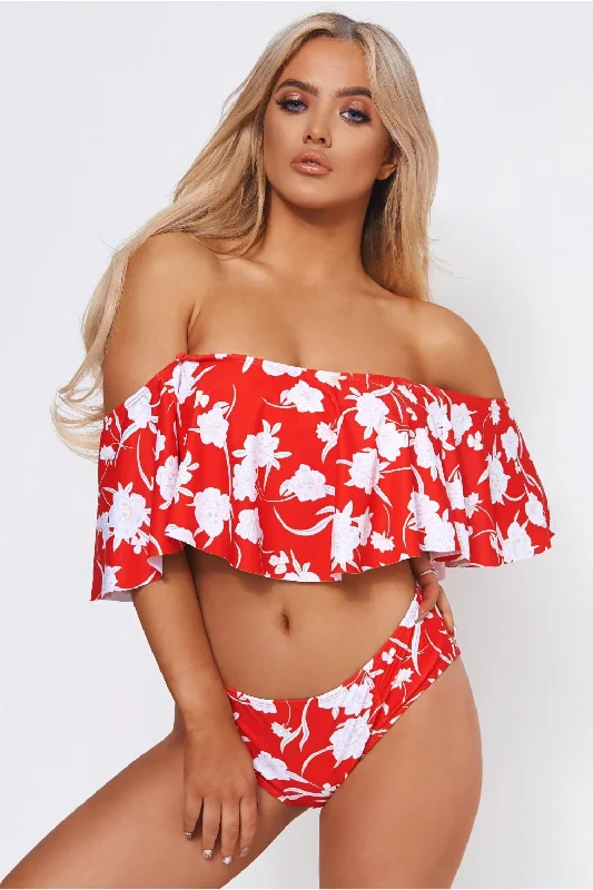 Red Floral Bardot Bikini