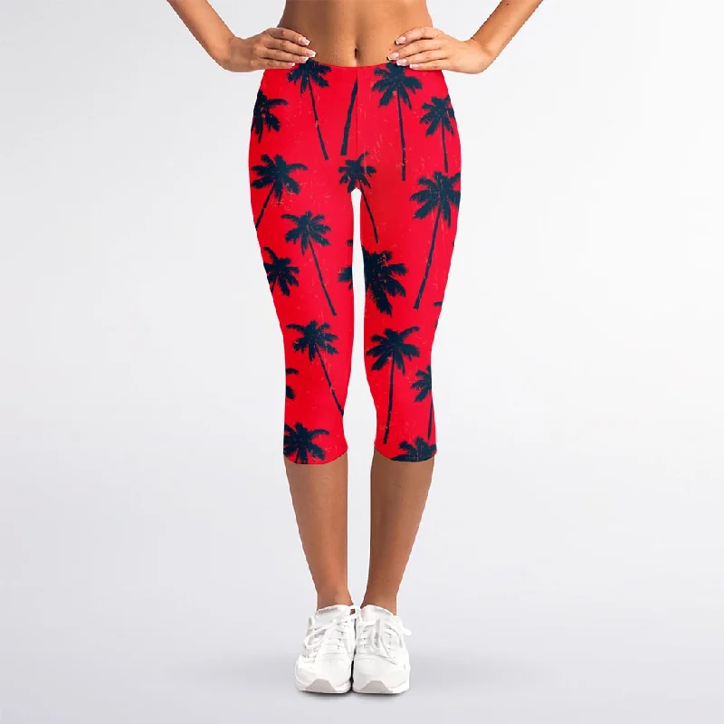 Black Red Palm Tree Pattern Print Women's Capri Leggings